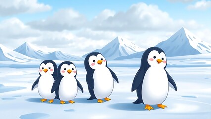 Obraz premium Cute Cartoon Penguins in Snowy Landscape