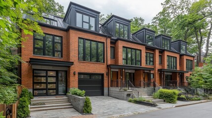 Fototapeta premium Modern Brick Townhouses in a Lush Green Setting