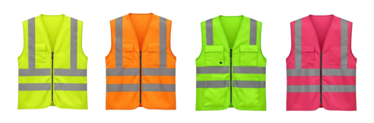 Protective jacket PNG cut out, reflective vest with road and work uniform. Various color fluorescent security safety work jacket reflective stripes cut out on transparent backround, warehouse, workers