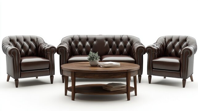 A sophisticated, dark-colored leather sofa, complemented by matching armchairs and a wooden coffee table, on a white background