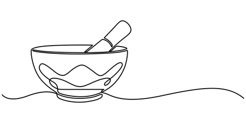 Continuous Line Drawing of Herbal Medicine Icon. Hand Drawn Symbol Vector Illustration, singing bowl icon continuous one line drawing, Tibetan singing bowl with a wooden resonant stick outline vector.