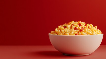 A bowl of creamy mac and cheese with crispy bacon bits. Featuring indulgence and comfort