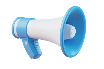 3D icon of a megaphone, in a blue and white color palette, with a transparent background  