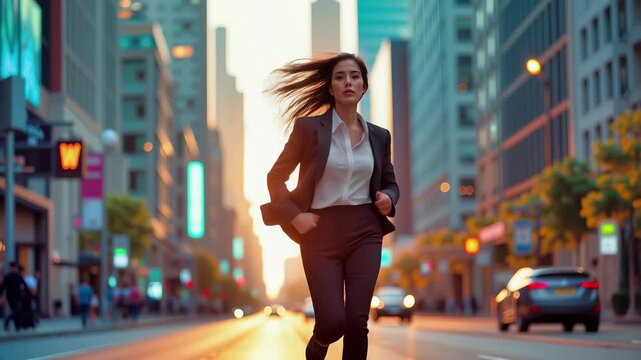 Determined businesswoman in dark suit running through downtown city streets at golden hour. Professional female executive rushing between skyscrapers with hair flowing, embodying urban corporate
