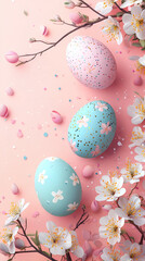 Fototapeta premium Pastel Easter Eggs and Floral Arrangements: Vibrant Seasonal Holiday Decor and Table Setting Celebration