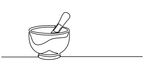 Continuous Line Drawing of Herbal Medicine Icon. Hand Drawn Symbol Vector Illustration, singing bowl icon continuous one line drawing, Tibetan singing bowl with a wooden resonant stick outline vector.
