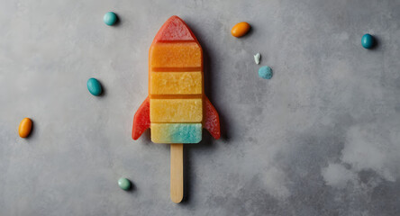 Glace à l'eau en forme de fusée de couleurs isolé sur fond gris 