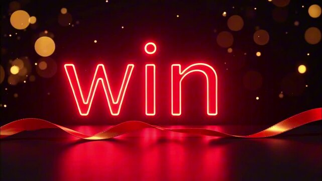 Glowing neon "win" sign with festive bokeh and ribbon decoration in motion
