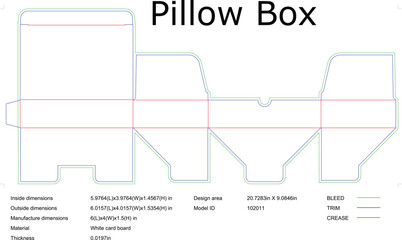 Pillow Box Packaging Design Template Diagram, Dimensions, and Instructions