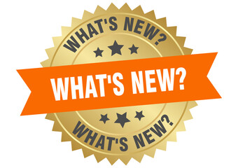 what's new?. what's new? round orange and gold label isolated on transparent background