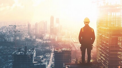 Fototapeta premium Construction Engineer Overlooking Cityscape During Sunrise