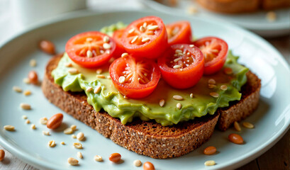 Grain bread spread with creamy avocado topped with cherry tomatoes and sesame seeds showcasing eye-healthy meal