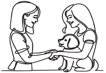 Friendship between human and animal in line art style vector. Dog with human continuous line art vector. dog and woman friendship vector