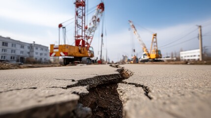 Earthquake damage to construction building and collapse. Cracked pavement and construction cranes depict urban development and infrastructure challenges under a clear sky.