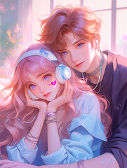 A couple of a man and a woman, sitting very close, cheeks pressed against each other, hugging each other sweetly, a girl with long wavy hair and with large silver headphones