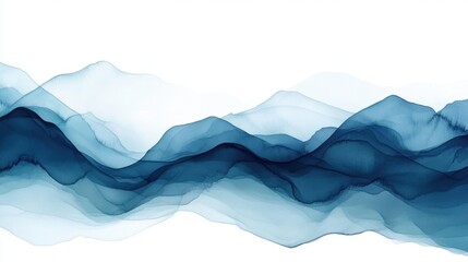 Serene watercolor mountain range illustration in shades of blue creating a calming landscape artwork with flowing lines and a peaceful mood
