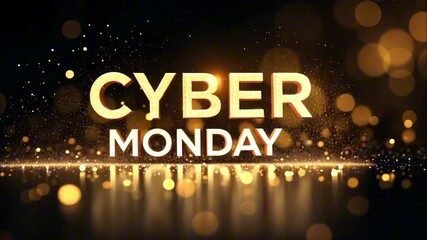 Dynamic cyber monday animation with glittering gold particles and reflective surfaces - Powered by Adobe