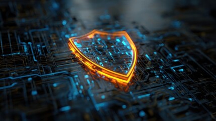Cybersecurity Shield: A digital shield glows with vibrant blue and orange hues, symbolizing robust protection within a complex network of circuits. It evokes a sense of security.