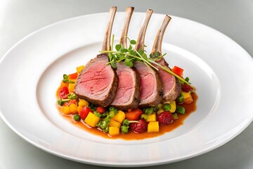 Gourmet Rack of Lamb Served on Colorful Vegetable Medley – Fine Dining Presentation