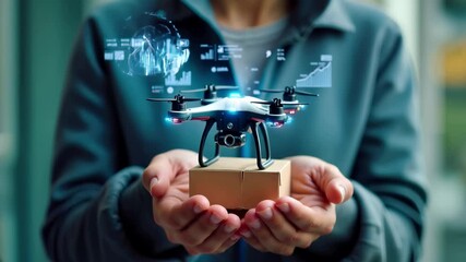 Person holding drone above cardboard package with futuristic data analytics interface. Quadcopter with camera on delivery box. Smart logistics technology concept with aerial device - Powered by Adobe