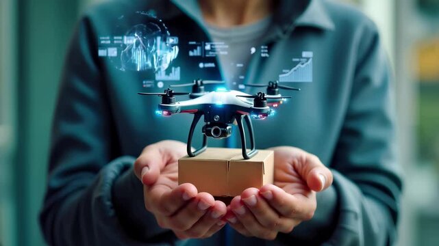 Person holding drone above cardboard package with futuristic data analytics interface. Quadcopter with camera on delivery box. Smart logistics technology concept with aerial device