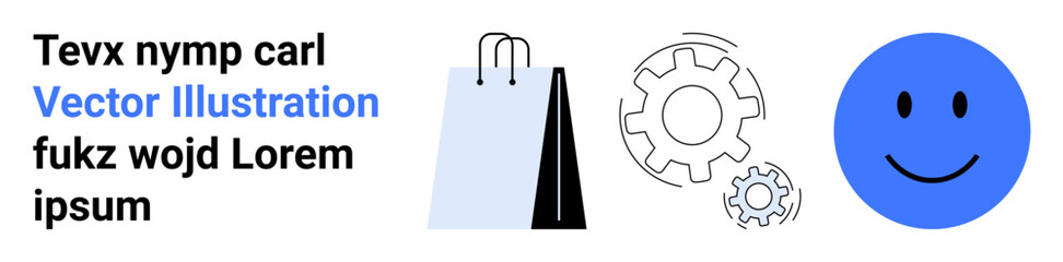 Shopping bag, gear cogs, and a blue happy face symbolizing commerce, technology, and positivity. Ideal for retail, e-commerce, teamwork, productivity emotions happiness and a simple landing page