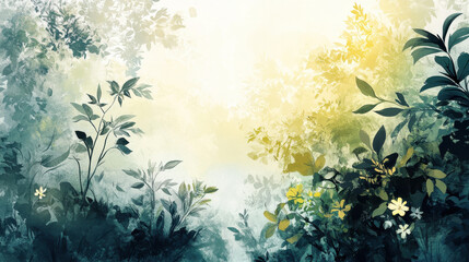 Obraz premium Exotic jungle vegetation with overlapping plant species, delicate flowers and fruit clusters, fading into a soft