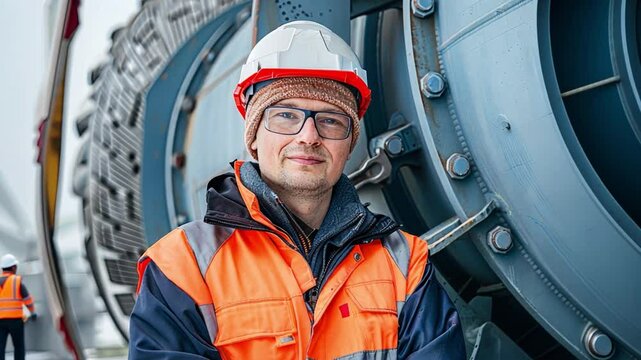Engineering Expertise: A focused engineer, equipped with essential safety gear, stands confidently before a monumental industrial structure.