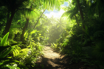 Obraz premium Walking Along Jungle Path with Tropical Plants and Bright Sunlight