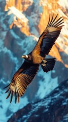 Fototapeta premium Majestic Andean Condor Soaring Above Snow Capped Mountains in Golden Light Breathtaking Flight Scene