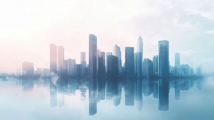 Obraz premium Serene City Skyline Reflection in Misty Early Morning Light