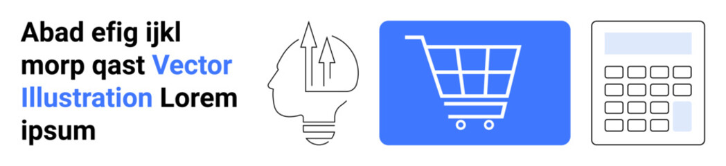 Light bulb with arrows, cart on blue background, and calculator in grid style. Ideal for innovation, retail, e-commerce, financial planning, online business, technology simple landing page