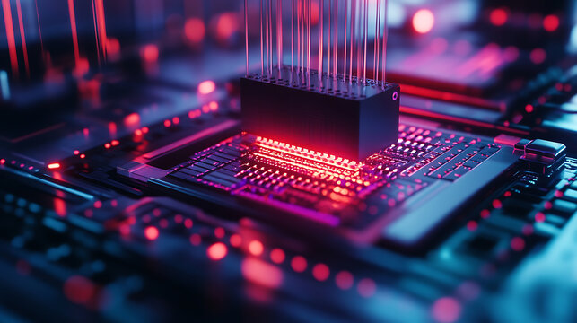 An AI powered system optimizing quantum computing by analyzing real time algorithm performance and computational resources, futuristic AI-driven quantum computing lab, Quantum technology style