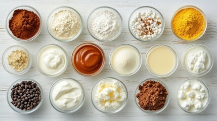 Assortment of Baking Ingredients in Glass Bowls on White Wooden Surface Overhead Culinary Flat Lay