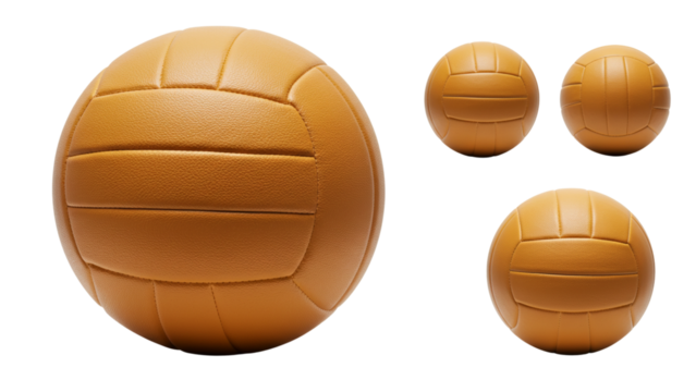 Four antique styled, brown, leather volleyballs isolated against a dark background, showing a game and sports oriented theme.