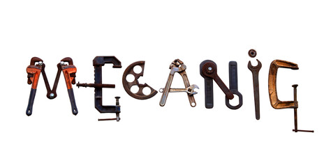 Letters representing the mechanic sign, done from old, vintage spanners, wheels, pliers, vice, grip