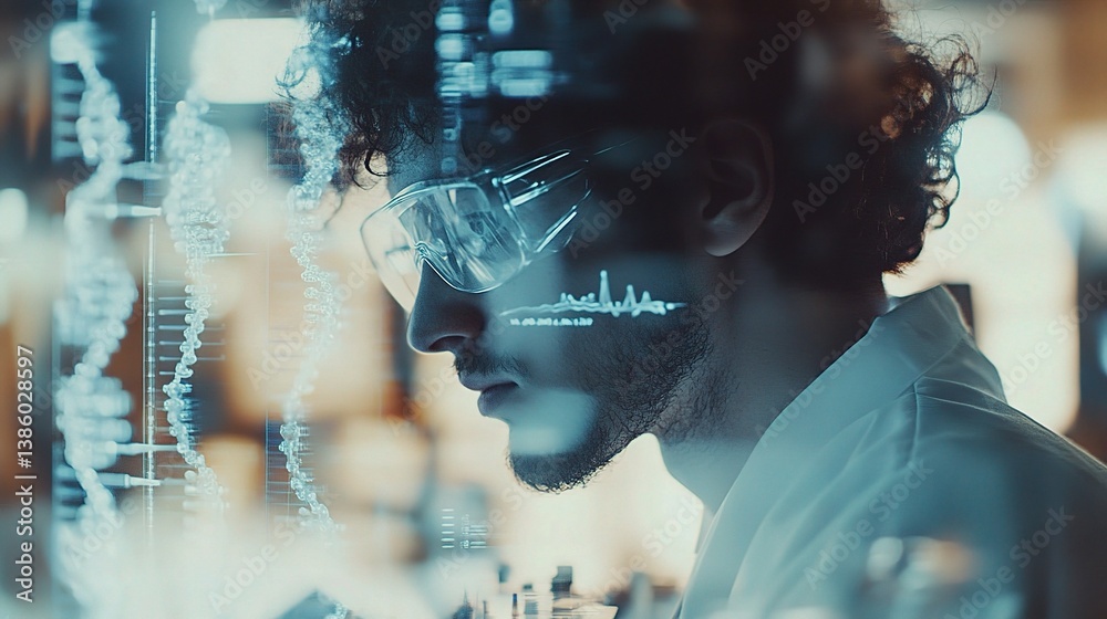 Poster double exposure of scientist working in high-tech laboratory setting