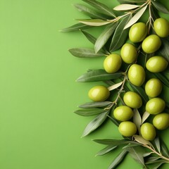 Fresh green olives on a branch with leaves against a vibrant green background studio shot showcasing natural beauty and healthy eating
