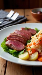 A white plate topped with meat and vegetables on top of a wooden table.