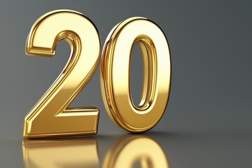 Glossy 3D golden "20" text discount number, isolated with clean lighting and high detail reflections, premium sales visual, 3D illustration