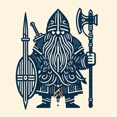 Digital drawing of a Viking warrior with axe and shield in medieval retro style