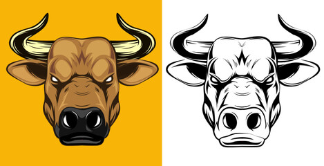 Cute black and white farm animal illustration of a cow and bull head