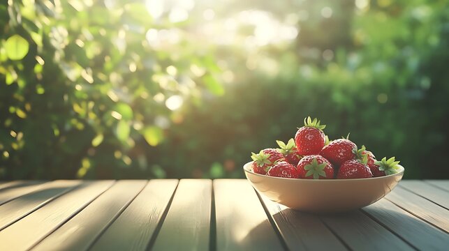 Vibrant bowl of fresh strawberries against a blurred green garden background with soft sunlight illuminating the scene