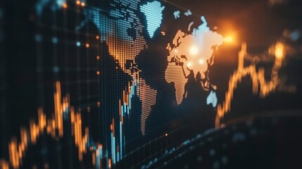 Global stock market data visualized on a screen, showing economic trends and world map.