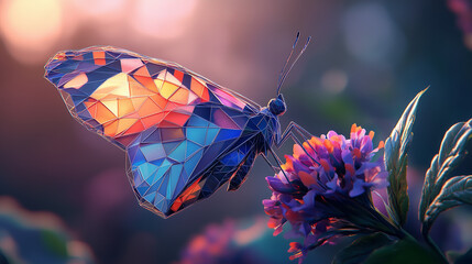 Vibrant Low Poly Butterfly Geometric Art on Flower