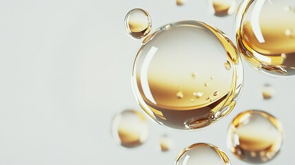 Golden transparent spheres floating against a light gray background with light and shadow reflections, exuding luxury and modernity. Ideal for backgrounds in high - end product promotions, jewelry, or