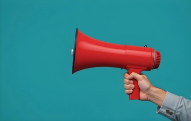 Hand holds red megaphone against green background, red megaphone or bullhorn in a hand