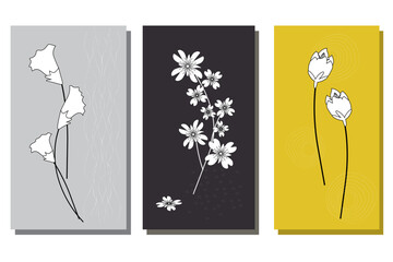 A set of three abstract flowers on a gray, black and yellow background. Vector illustration for wall decoration or bookbinding