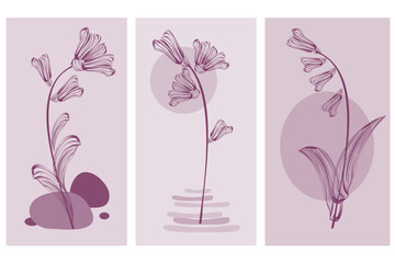 A set of three contour flowers on a purple background. Vector illustration for tile design, cards, wall decor