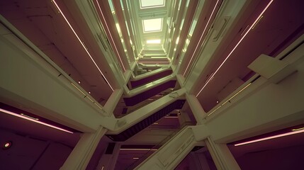 Obraz premium Perspective of an indoor structure with modern staircases and lighting